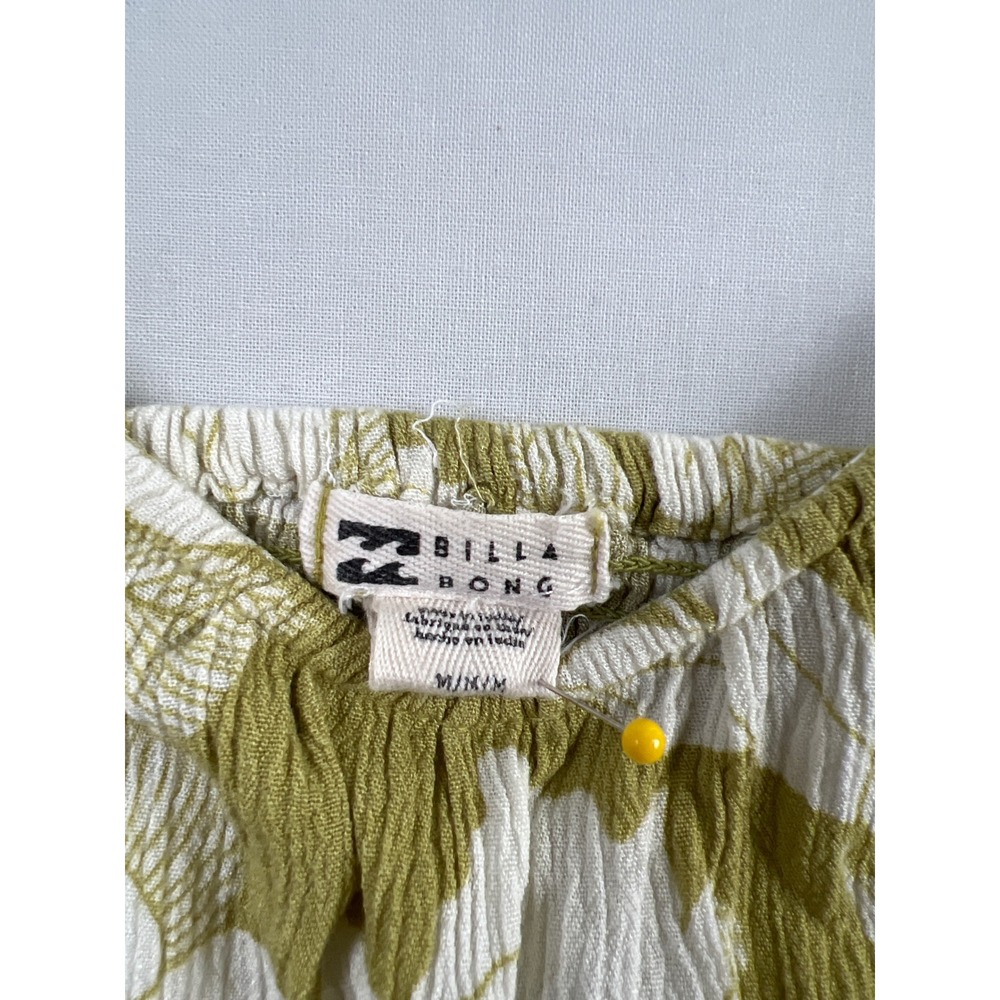 Billabong Midi Sundress Womens M Olive Green White Floral Smocked Back Crinkle
